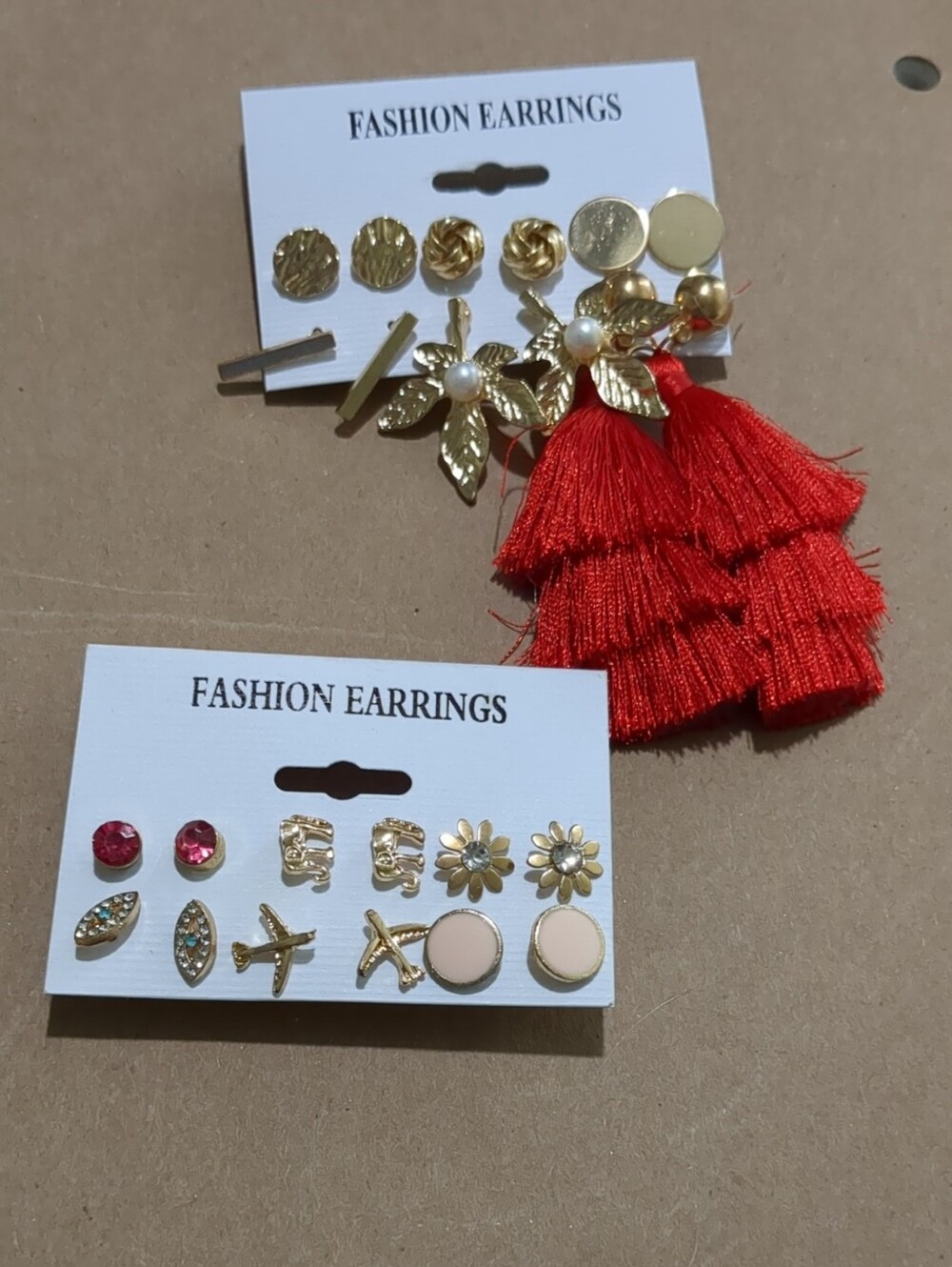 Red Tassel & Gold Floral Earring Set